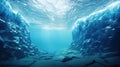 Underwater Icebergs and glaciers. View from ocean depths. Stunning polar underwater landscape. Crystal clear blue water