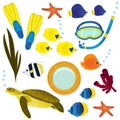 Underwater icon collection on white background. Coral reef colorful fish, turtel and diving equipment set objects Royalty Free Stock Photo