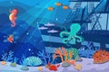 Underwater illustration and life. the beauty of marine life. fish, algae and coral reefs, ship, octopus, beautiful and Royalty Free Stock Photo