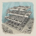 Underwater illustration of a multi-tiered coral farming structure in a marine Royalty Free Stock Photo