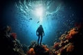 An underwater illustration reveals a diver exploring vibrant coral reefs