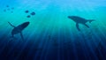 Underwater illustration with silhouettes of swimming whales and fish, seascape with endless emerald ocean and the sun`s