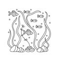 Underwater inhabitants and algae, coloring book. Fish and seaweed. Doodle of marine animals and plants Royalty Free Stock Photo