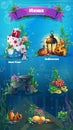 Underwater item set - snowman, cake, gifts, lamp, lantern, rock, stones, algae, amphora, bubbles. Bright image to create original