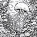 Detailed Line Art of Jellyfish and Coral Reef Ecosystem, Underwater Scene Royalty Free Stock Photo