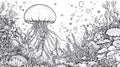 Jellyfish and Coral Reef, Black and White Line Art, Underwater Scene Royalty Free Stock Photo