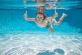 Underwater kid swim under water. Child boy swimming and diving underwater in pool. Summer family summer vacation with Royalty Free Stock Photo