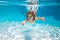 Underwater kid in the swimming pool. Child swim and dive underwater, kid with thumbs up in pool. Active lifestyle Royalty Free Stock Photo
