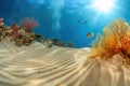 Underwater landscape with azure water, coral reef, fish, and sandy bottom Royalty Free Stock Photo