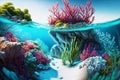 Underwater landscape with clear blue water with coral algae and water line. AI generated