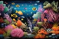 Underwater landscape with corals and tropical fish. Vector illustration, An underwater scene teeming with vibrant sea creatures, Royalty Free Stock Photo