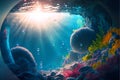 Underwater landscape with diverse vegetation, algae, corals, air bubbles with a bright glare from the sun.Colorful seascape.