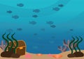 Underwater landscape with school of fishes and tresure box background