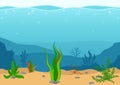 Underwater landscape with seaweeds. Seascape with reef. Marine sea bottom silhouette with seaweed. Nature Scene in flat