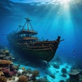 Underwater landscape with sunken sail Shipwreck underwater of deep