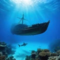Underwater landscape with sunken sail Shipwreck underwater of deep