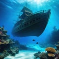 Underwater landscape with sunken sail Shipwreck underwater of deep