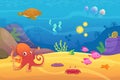 Underwater life. Aquarium cartoon fish ocean and sea animals vector background