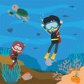 Underwater life background illustration with cute diver character