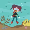 Underwater life background illustration with cute diver character