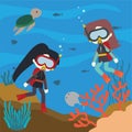 Underwater life background illustration with cute diver character