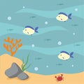 Underwater life background illustration with cute diver character