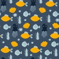 Underwater life pattern. Childish fish seamless. Ocean fabric design. Sea kids graphic illustration. Yellow cute fishes Royalty Free Stock Photo