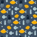 Underwater life pattern. Childish fish seamless. Ocean fabric design. Sea kids vector illustration. Yellow cute fishes Royalty Free Stock Photo