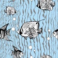 Underwater life pattern with fish, bubbles and grey lines on blue Royalty Free Stock Photo