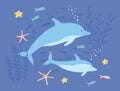 Underwater life of two cute dolphins in sea or ocean. Childish marine landscape or seascape with lovable fishes and Royalty Free Stock Photo