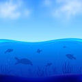 Underwater life vector illustration. Sea bottom with fishes and turtle silhouettes and cloudy sky background. Royalty Free Stock Photo