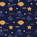 Underwater life vector seamless background. Children`s textiles, wrapping paper. Octopuses, starfish, algae on dark background. Royalty Free Stock Photo