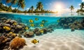 Underwater magic: Split view of sunlit sea and vibrant underwater scene