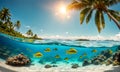 Underwater magic: Split view of sunlit sea and vibrant underwater scene