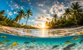 Underwater magic: Split view of sunlit sea and vibrant underwater scene