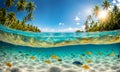 Underwater magic: Split view of sunlit sea and vibrant underwater scene