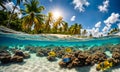 Underwater magic: Split view of sunlit sea and vibrant underwater scene