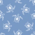 Underwater marine life pattern. Turtle animal seamess background