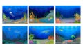 Underwater and Marine Scenes and Views with Fish and Algae Vector Set Royalty Free Stock Photo