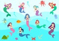 Underwater Mermaid Vector Illustration Cute Sea Animals Cartoon Characters Along with Fish, Turtle, Octopus, Seahorse, Crab Royalty Free Stock Photo