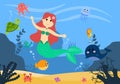 Underwater Mermaid Vector Illustration Cute Sea Animals Cartoon Characters Along with Fish, Turtle, Octopus, Seahorse, Crab Royalty Free Stock Photo