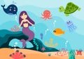 Underwater Mermaid Vector Illustration Cute Sea Animals Cartoon Characters Along with Fish, Turtle, Octopus, Seahorse, Crab Royalty Free Stock Photo