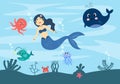 Underwater Mermaid Vector Illustration Cute Sea Animals Cartoon Characters Along with Fish, Turtle, Octopus, Seahorse, Crab Royalty Free Stock Photo