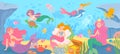 Underwater with mermaids. Seabed with mythical princesses and sea creatures, seaweeds and seashell, octopus, treasure