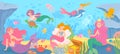 Underwater with mermaids. Seabed with mythical princesses and sea creatures, seaweeds and seashell, octopus, treasure cartoon