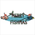 Cute underwater merry fishmas card cartoon vector illustration motif set. Hand drawn isolated santa hat xmas elements clipart for