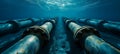 Underwater metal conduit for subsea oil and gas pipeline transport in blue ocean Royalty Free Stock Photo