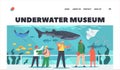 Underwater Museum Landing Page Template. Children in Oceanarium, Characters Learn Marine Flora, Fauna and Sea Animals
