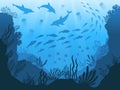 Underwater ocean fauna. Deep sea plants, fishes and animals. Marine seaweed, fish and animal silhouette vector