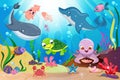 Underwater ocean life with cute sea animals and marine plants Royalty Free Stock Photo